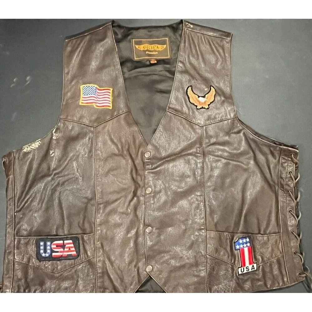 UNIK Premium Leather Brown Biker Motorcycle Vest Size 56 BORN TO RIDE USA Patch